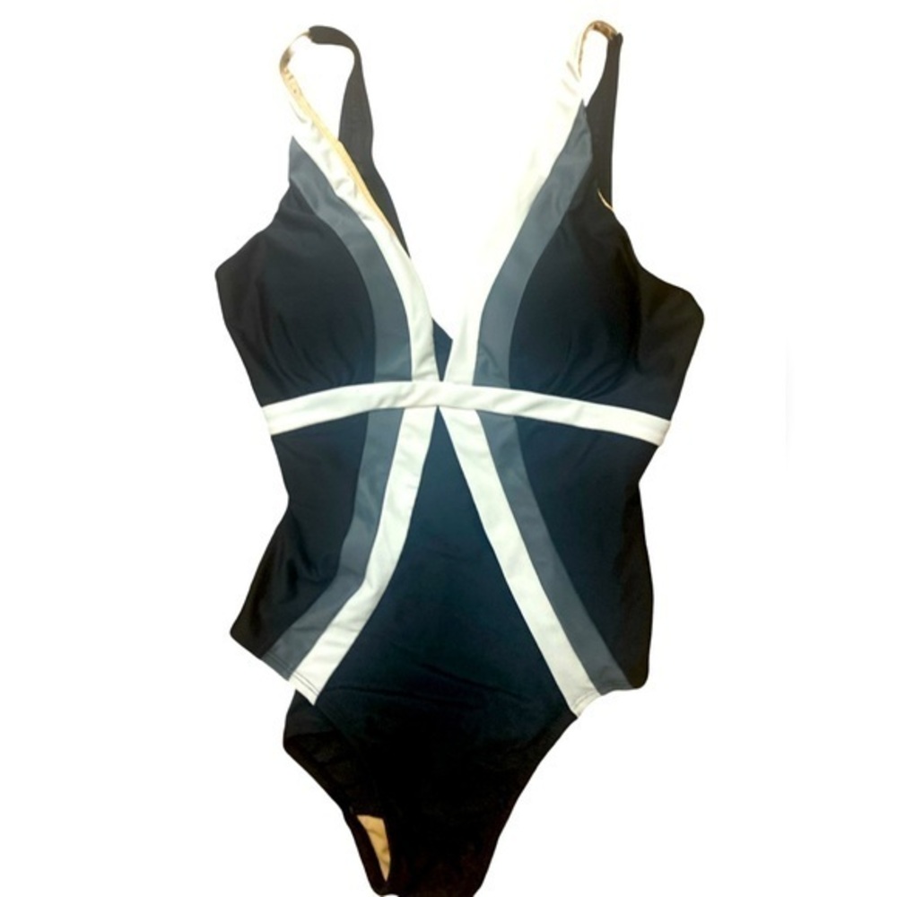 Shore  Shapes Swimsuit -10 black.  White.  Gray , polyester spandex